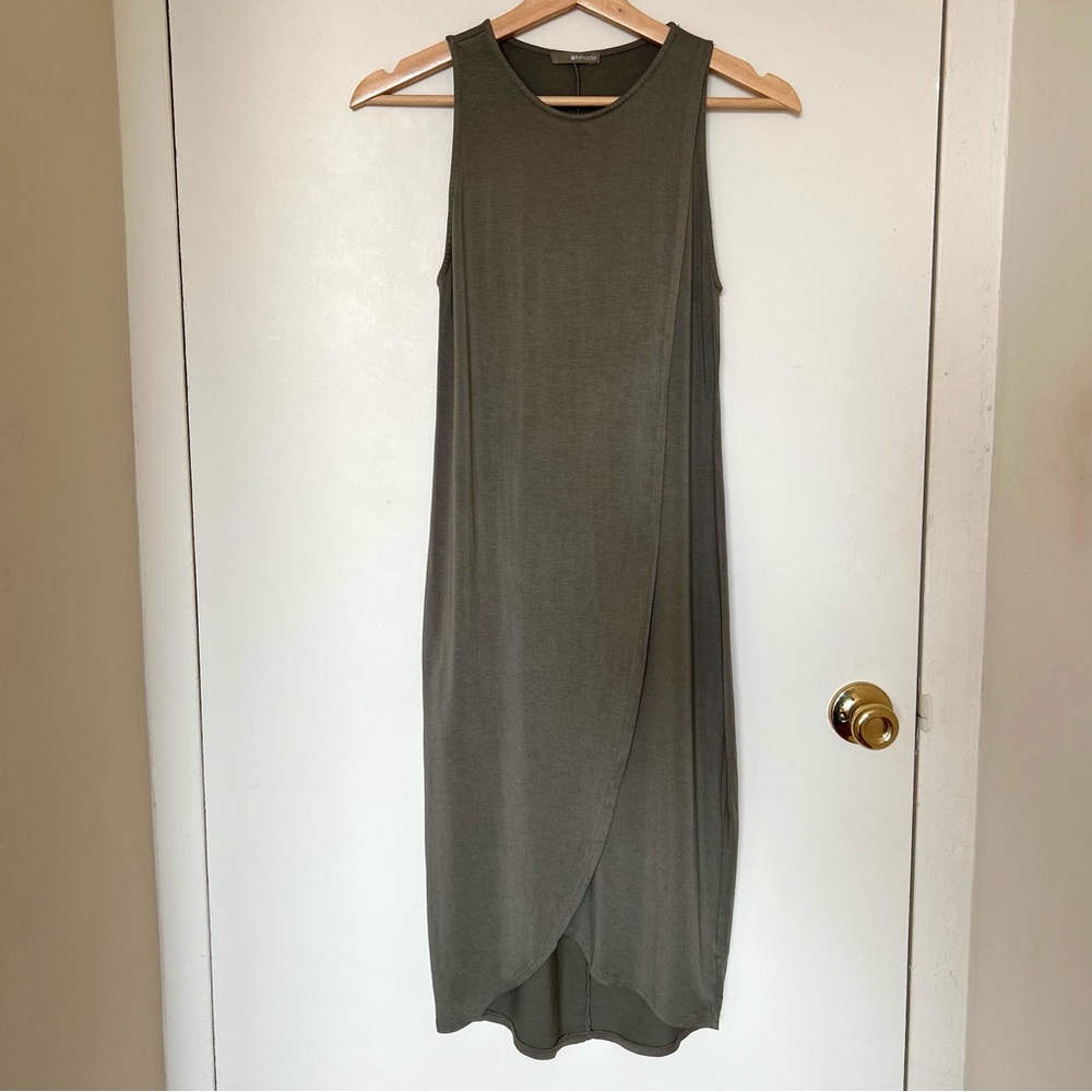 NWOT LAmade Overlap Front Sleeveless Midi Dress, Olive Green